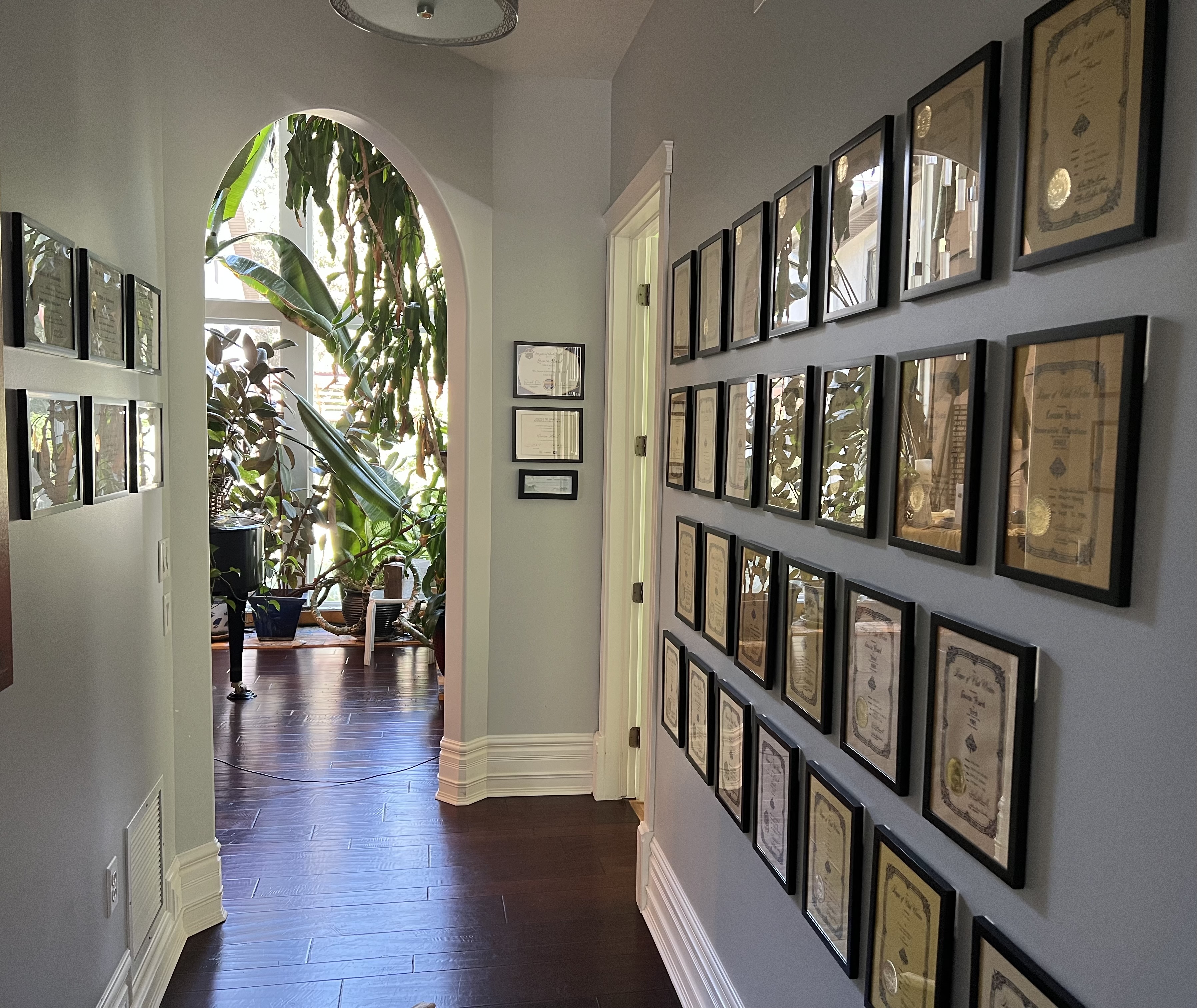 photograph hallway with 34 awards hanging on the walls